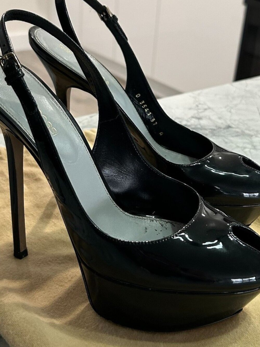 SERGIO ROSSI Black Patent Leather Platform Slingback Sandals Almond Peep Toe